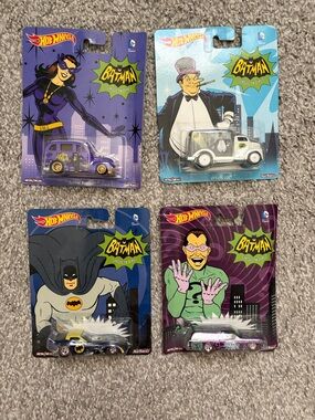 Batman Classic TV Series Collectible Toy Cars - Purple, White, Blue, Silver